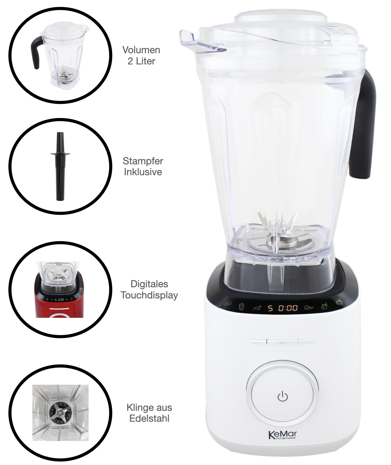 KeMar KSB-300 Hochleistungsmixer – 1.500 Watt Standmixer mit 2L BPA-freiem Tritan-Behälter & Touch-Display