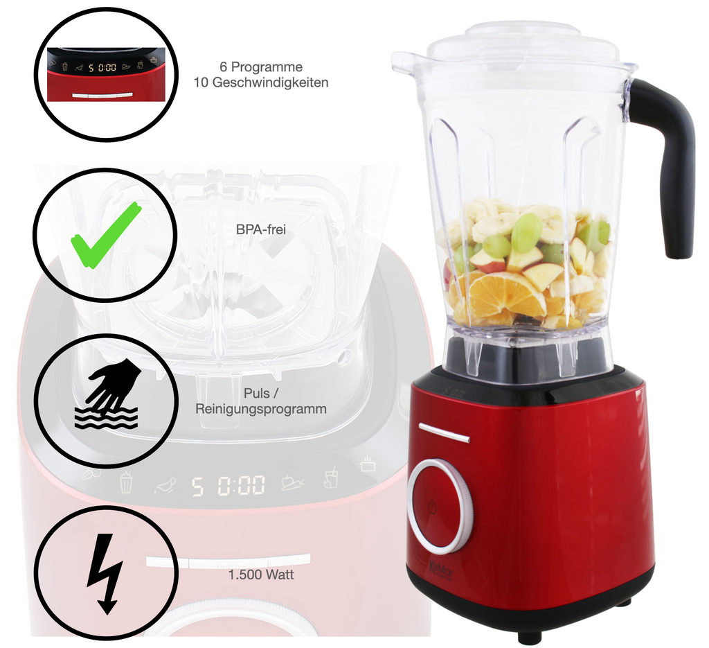 KeMar KSB-300 Hochleistungsmixer – 1.500 Watt Standmixer mit 2L BPA-freiem Tritan-Behälter & Touch-Display