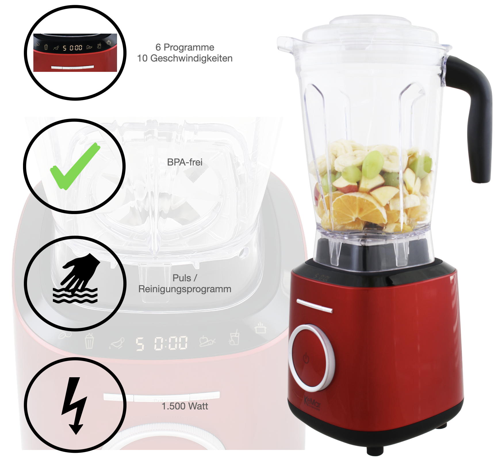 KeMar KSB-300 Hochleistungsmixer – 1.500 Watt Standmixer mit 2L BPA-freiem Tritan-Behälter & Touch-Display
