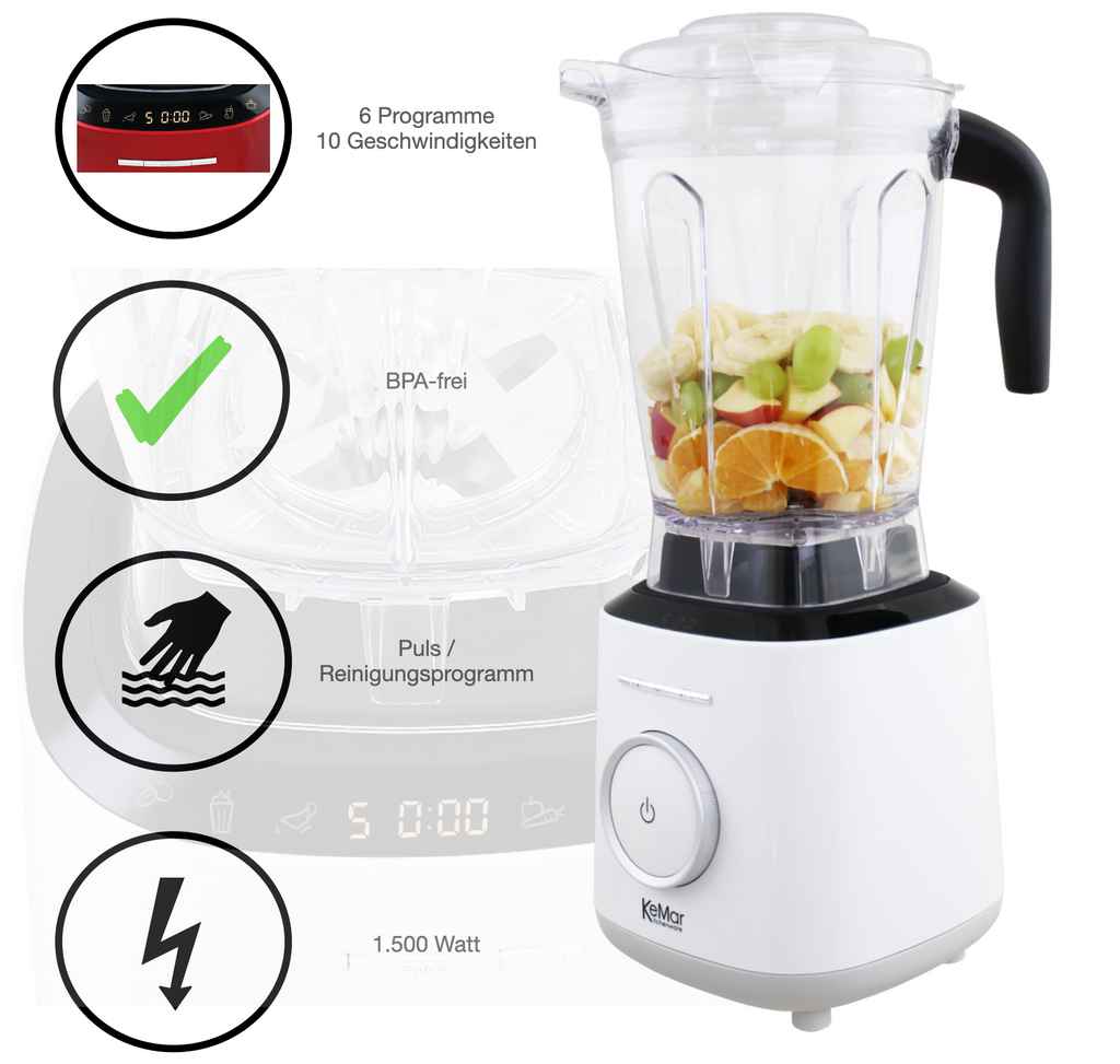 KeMar KSB-300 Hochleistungsmixer – 1.500 Watt Standmixer mit 2L BPA-freiem Tritan-Behälter & Touch-Display