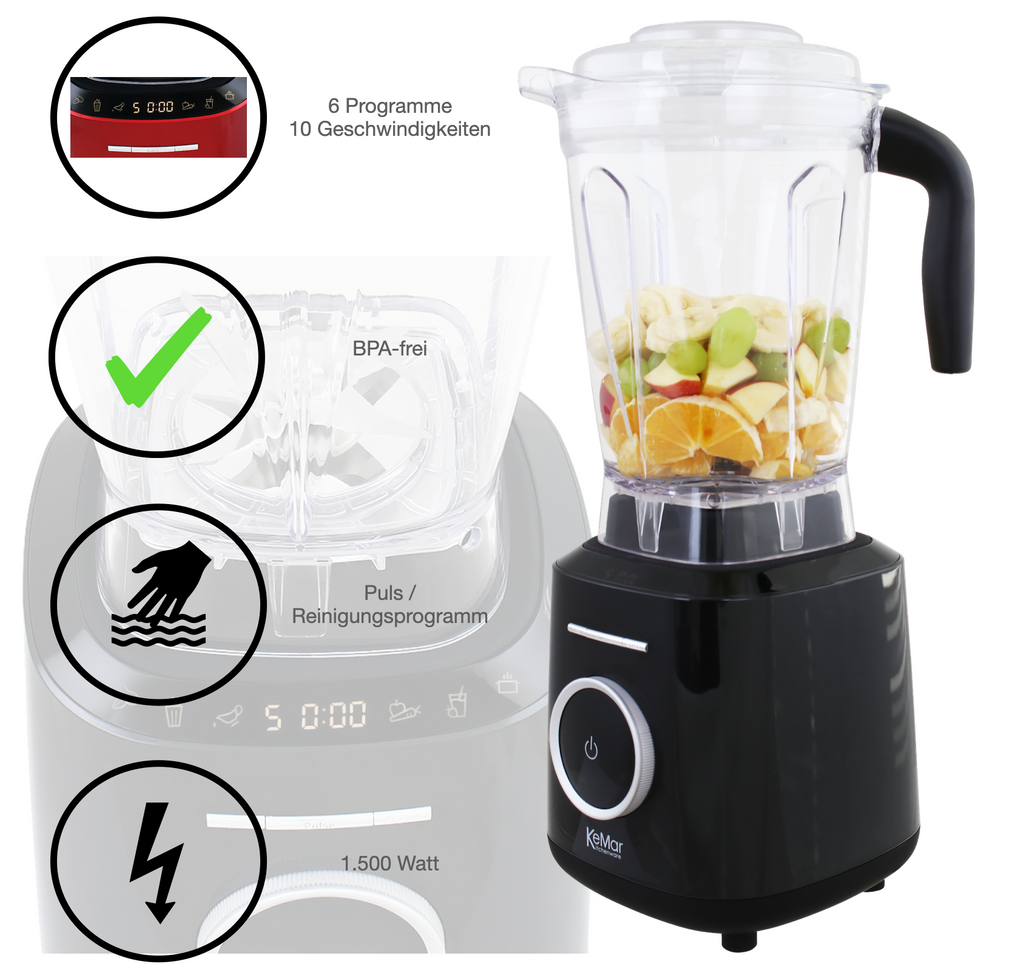 KeMar KSB-300 Hochleistungsmixer – 1.500 Watt Standmixer mit 2L BPA-freiem Tritan-Behälter & Touch-Display