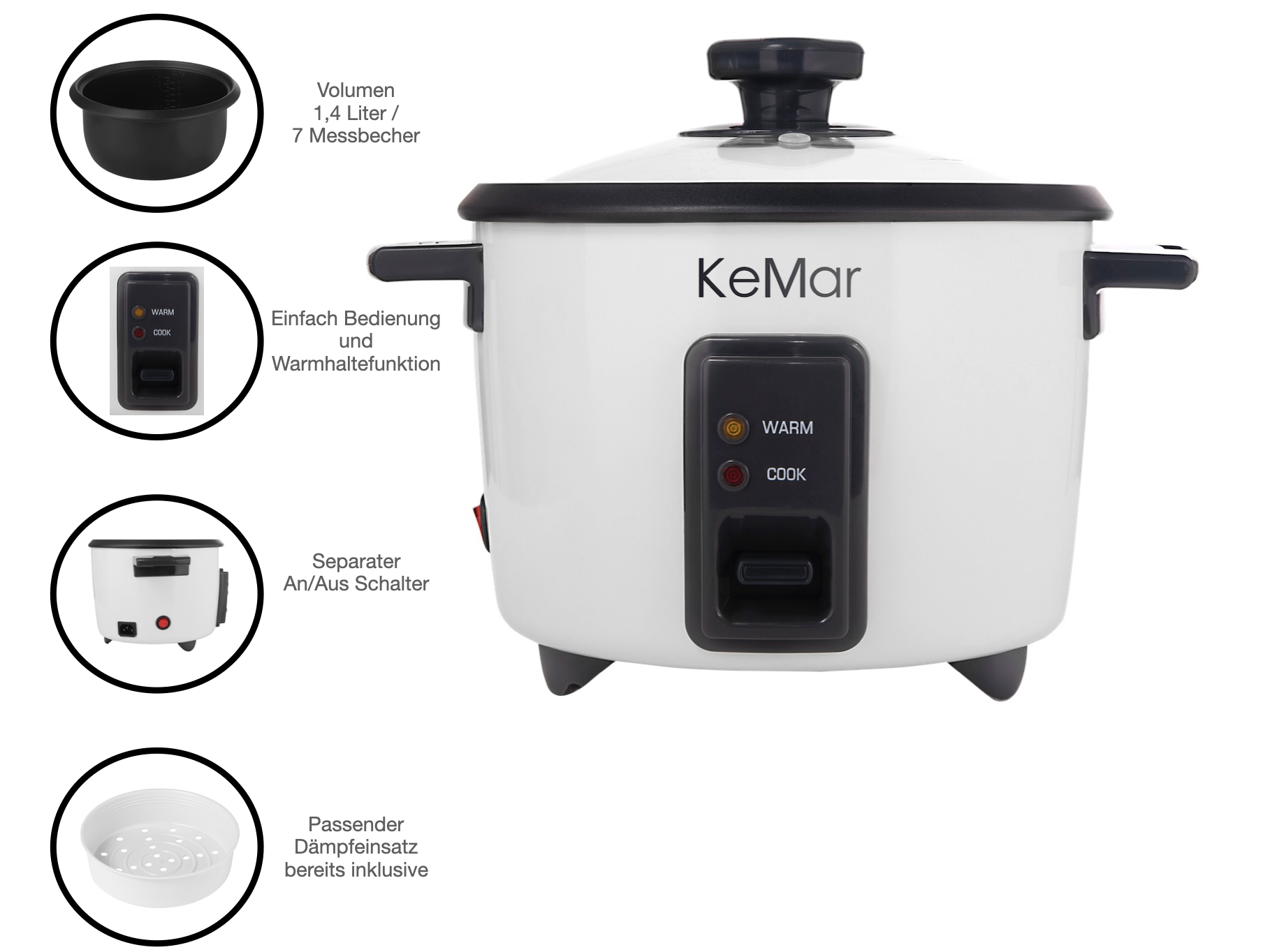 KRC-110 Reiskocher | Kompakt | 1,4 L | Dämpfeinsatz