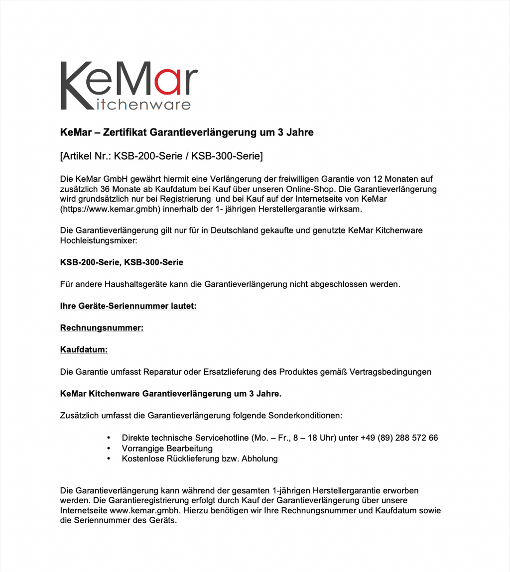 Garantieverlängerung |  Für KSB-Serie Hochleistungsmixer | 3 Jahre