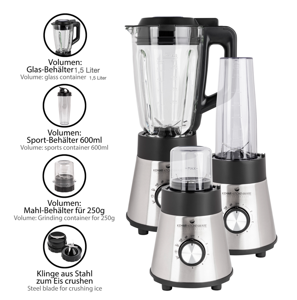 Kemar KSB-170 Standmixer – Leistungsstarker Smoothie-Maker mit 1,5L Glasbehälter & praktischem 2Go-Becher