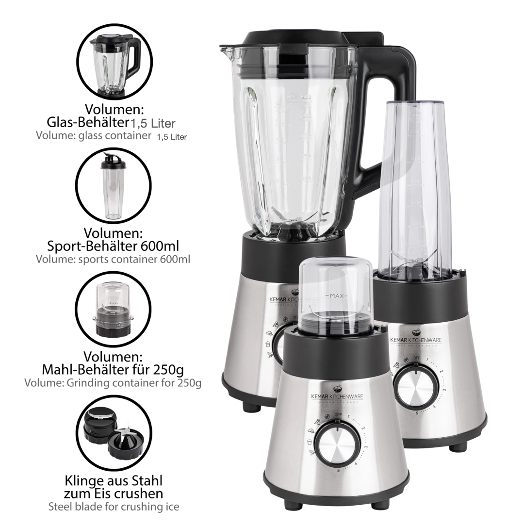 Kemar KSB-170 Standmixer – Leistungsstarker Smoothie-Maker mit 1,5L Glasbehälter & praktischem 2Go-Becher