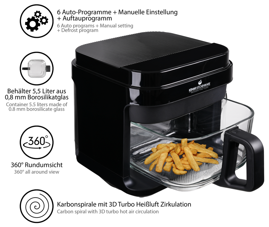 KHF-550 Heißluftfritteuse Glas 5,5 Liter mit Touchdisplay und Frittierkorb aus Glas ohne Beschichtung