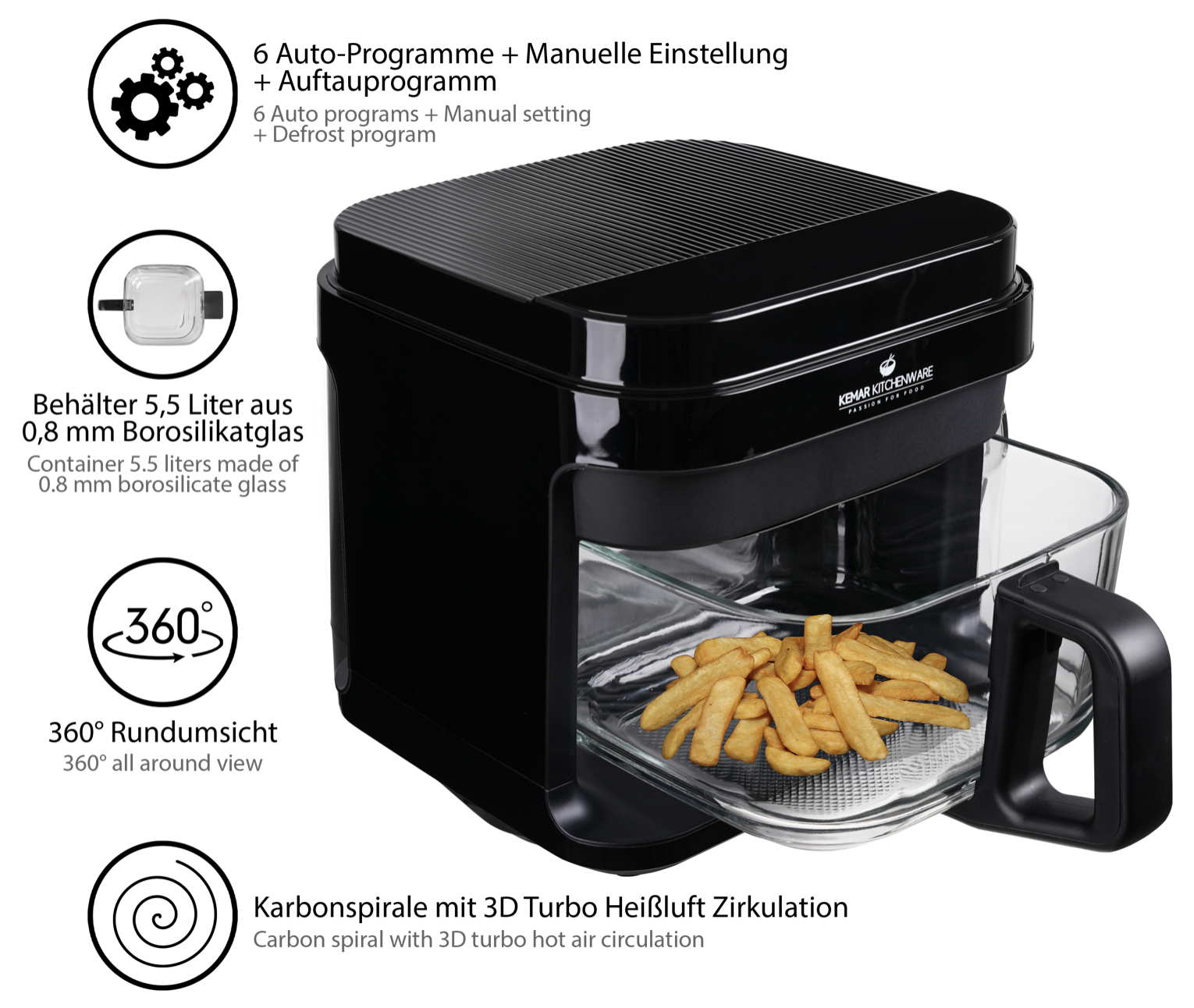 KHF-550 Heißluftfritteuse Glas 5,5 Liter mit Touchdisplay und Frittierkorb aus Glas ohne Beschichtung