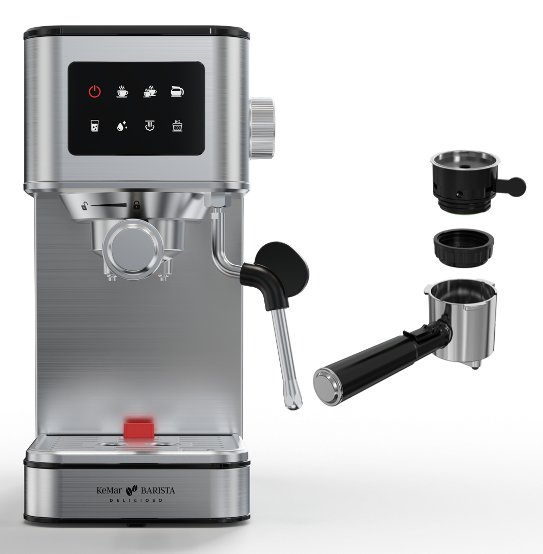 KEM-117 BARISTA DELICIOSO Siebträger Espressomaschine mit platzsparendem Design, 20 Bar, Touchdisplay