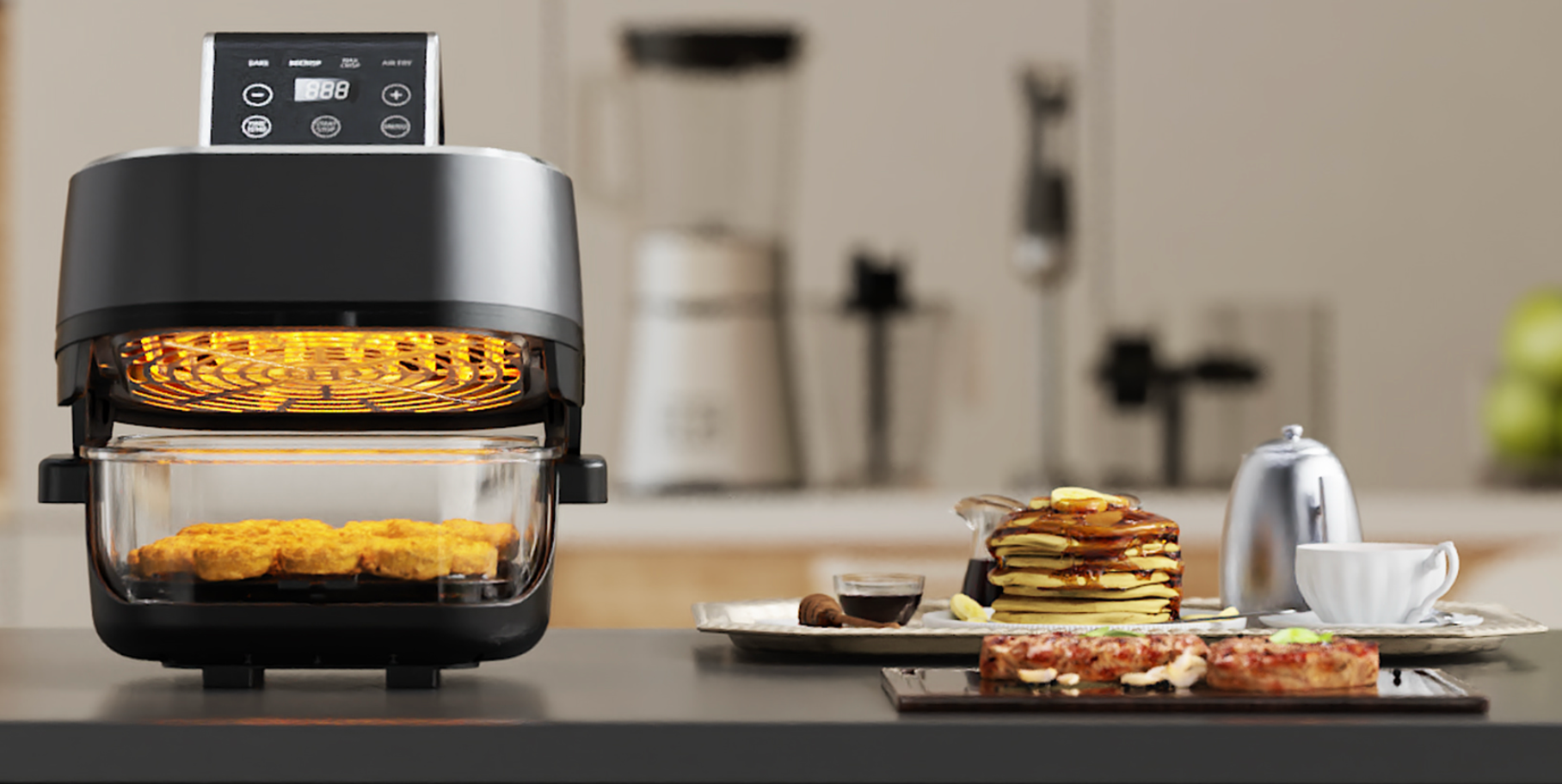 KHF-400 Heißluftfritteuse Glas 4 liter und 1,5 Liter mit Touchdisplay und Frittierkorb aus Glas