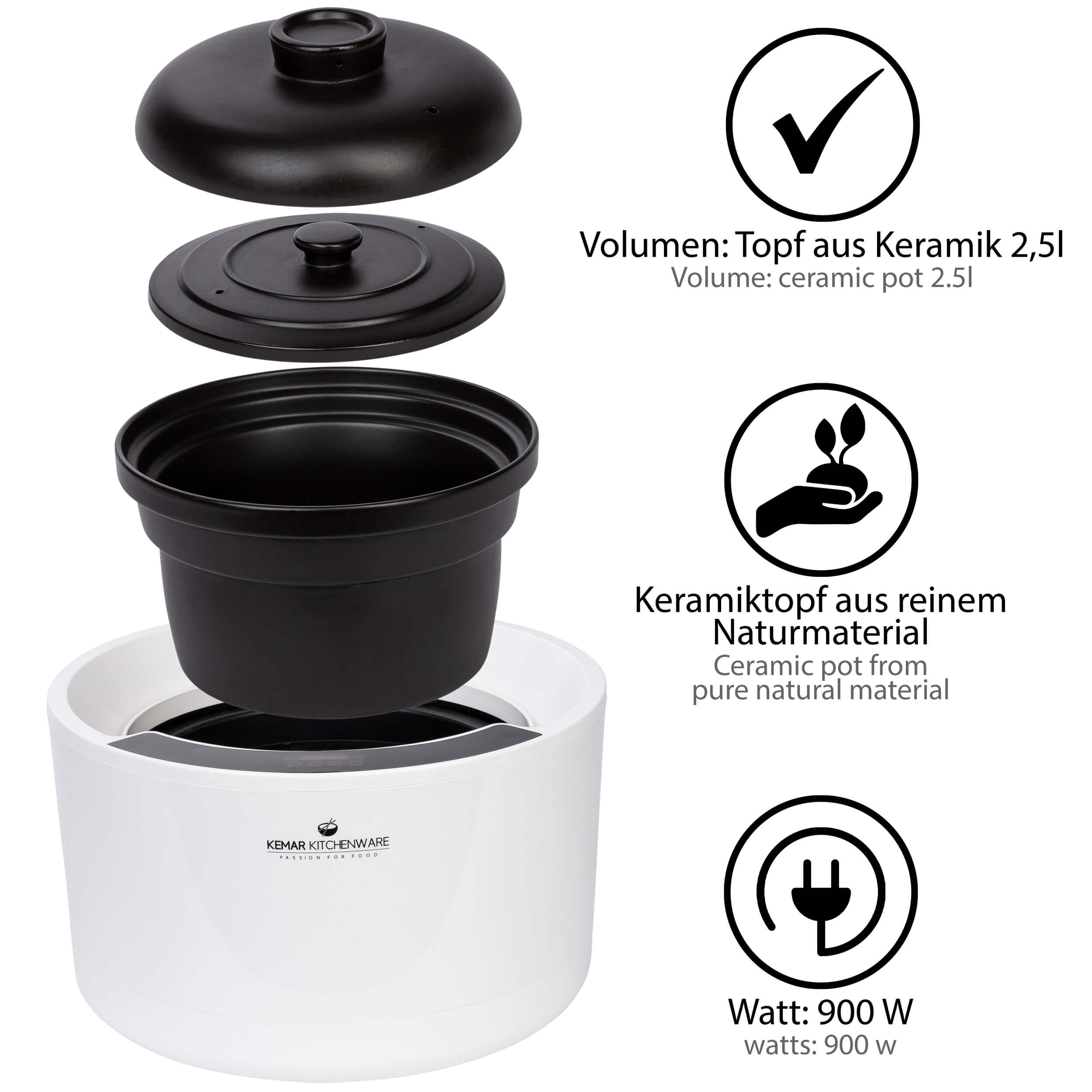 KeMar KCC-280 Reiskocher aus Keramik Multikocher mit Slow Cooker