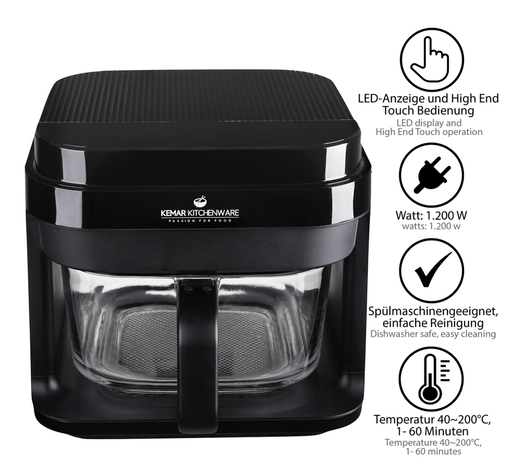 KHF-550 Heißluftfritteuse Glas 5,5 Liter mit Touchdisplay und Frittierkorb aus Glas ohne Beschichtung