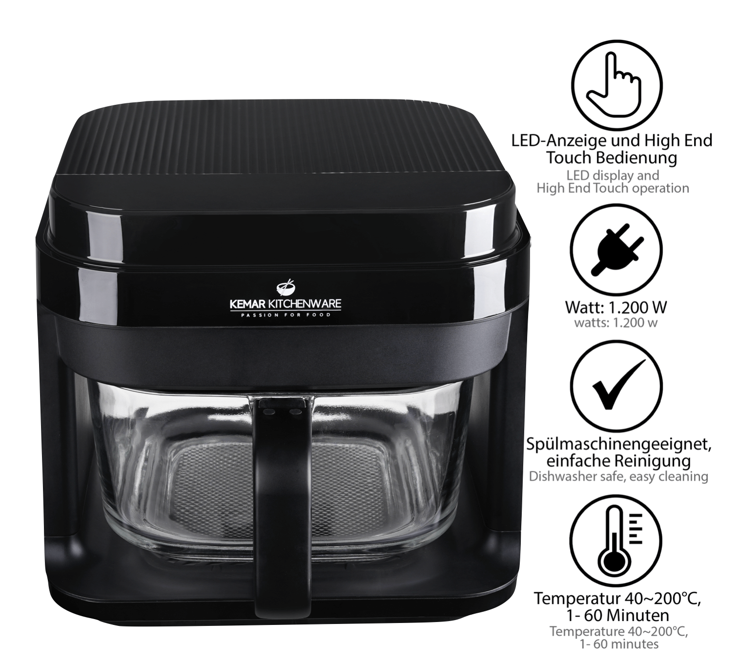 KHF-550 Heißluftfritteuse Glas 5,5 Liter mit Touchdisplay und Frittierkorb aus Glas ohne Beschichtung