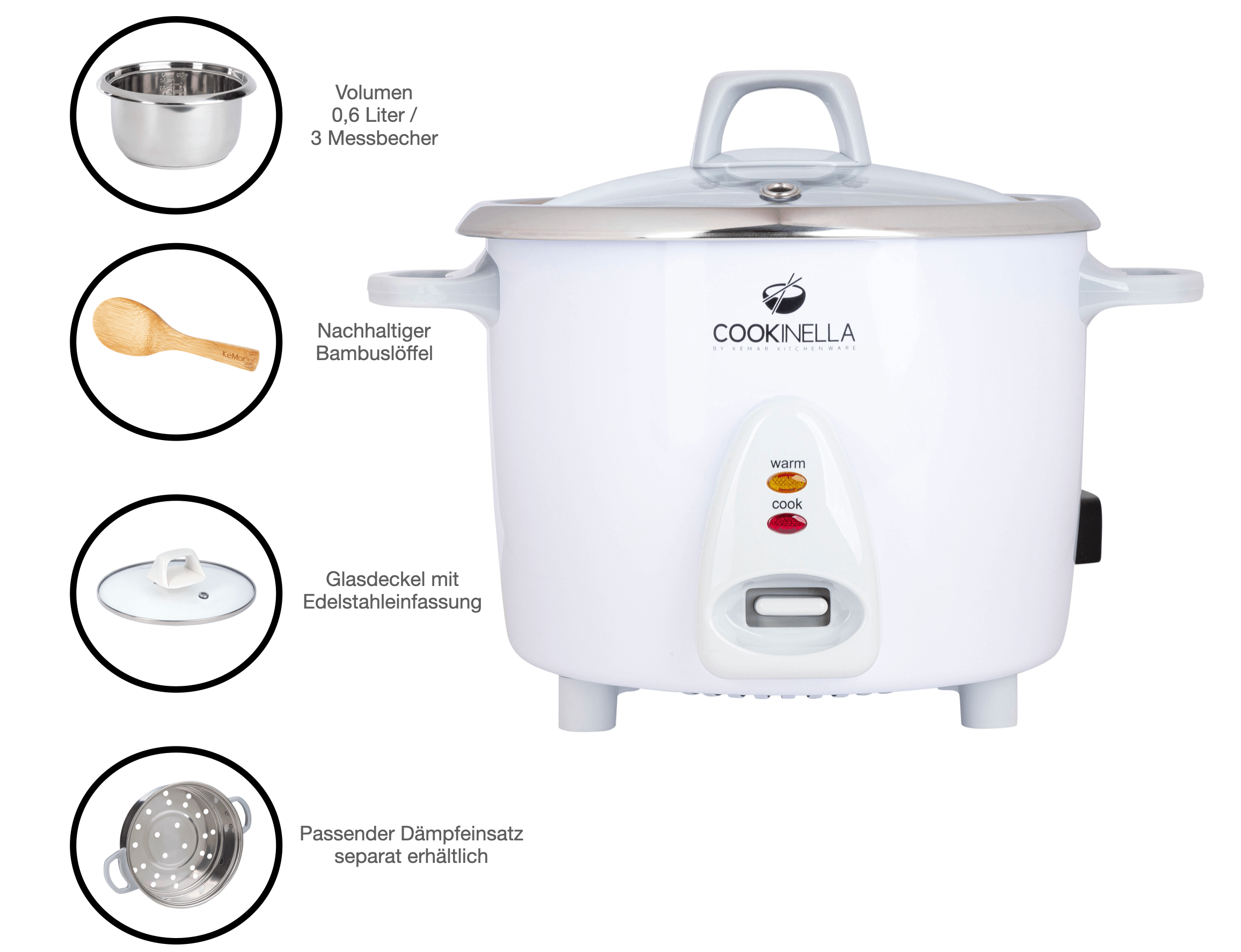 KEMAR KRC-100 Mini Reiskocher Edelstahl – Kleiner Reiskocher ohne Beschichtung (0,6 Liter)