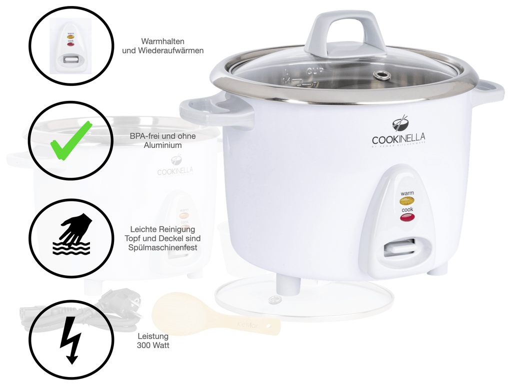 KEMAR KRC-100 Mini Reiskocher Edelstahl – Kleiner Reiskocher ohne Beschichtung (0,6 Liter)