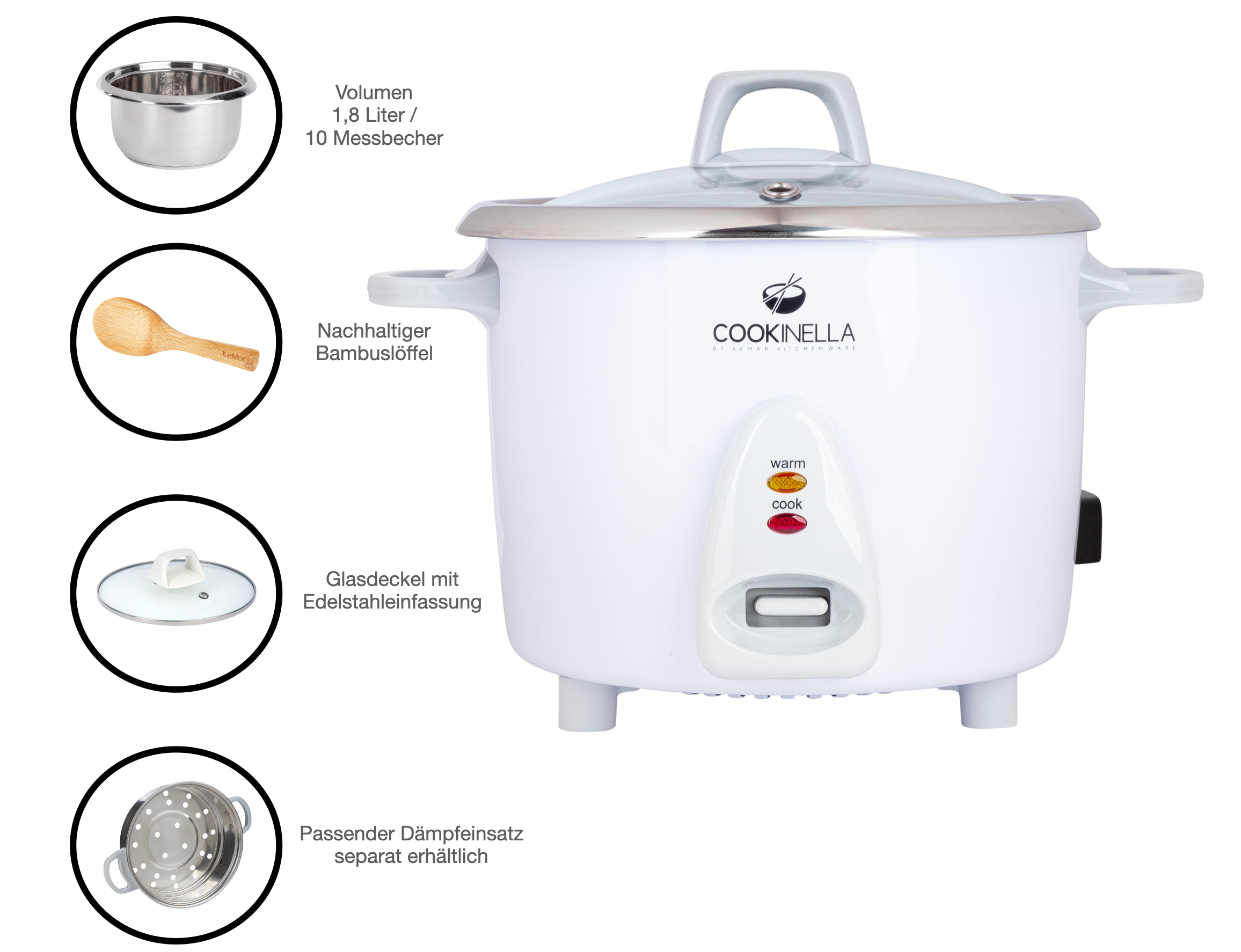 KeMar KRC-300 Reiskocher, 1,8 Liter mit Edelstahltopf