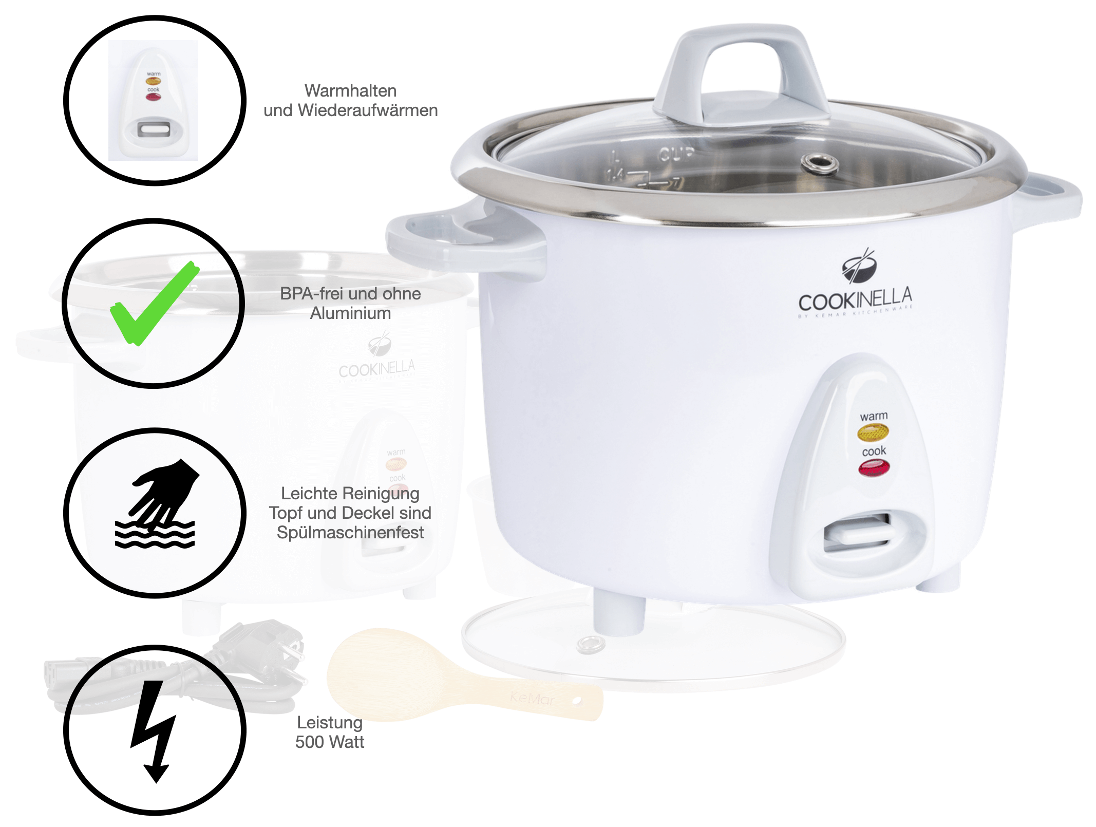 KeMar KRC-200 Mini Reiskocher – Mit unbeschichtetem Edelstahl-Innentopf, 1,4 Liter Fassungsvermögen & Warmhaltefunktion