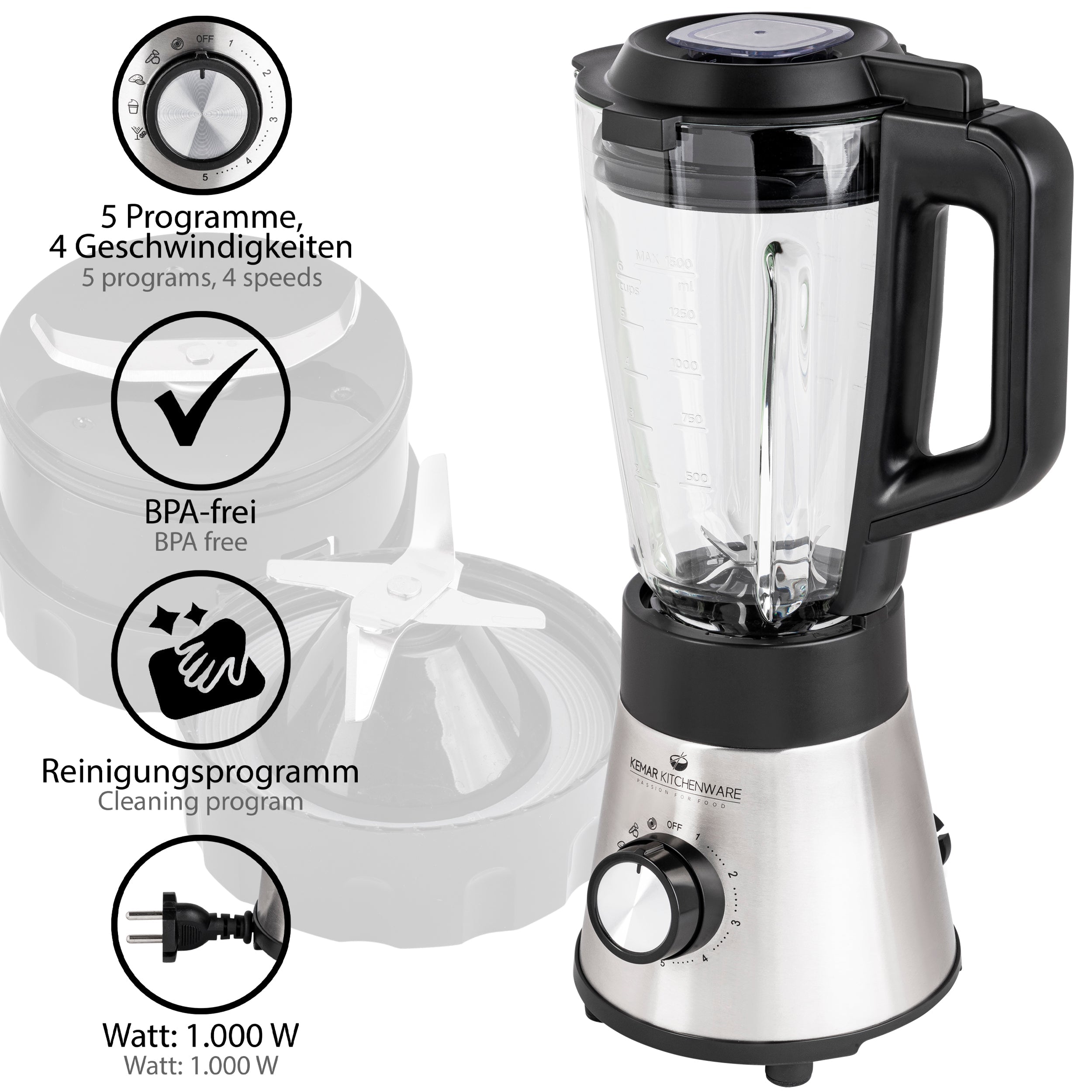 Kemar KSB-170 Standmixer – Leistungsstarker Smoothie-Maker mit 1,5L Glasbehälter & praktischem 2Go-Becher