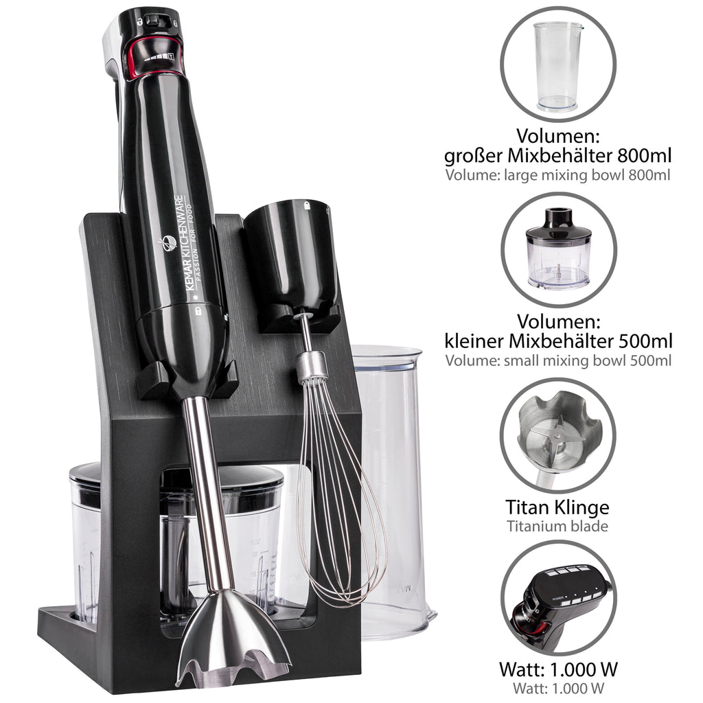 KeMar KSM-1000 Profi-Stabmixer-Set – 1000 Watt Leistung & Titan-beschichtete Klingen