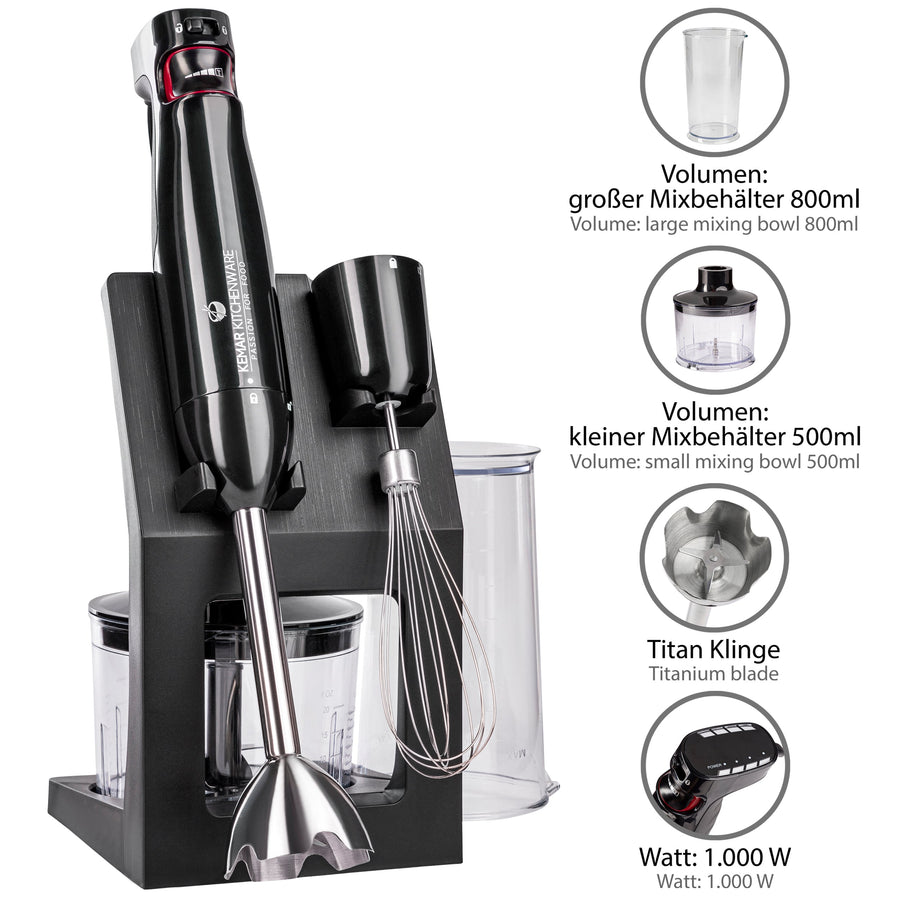 KeMar KSM-1000 Profi-Stabmixer-Set – 1000 Watt Leistung & Titan-beschichtete Klingen