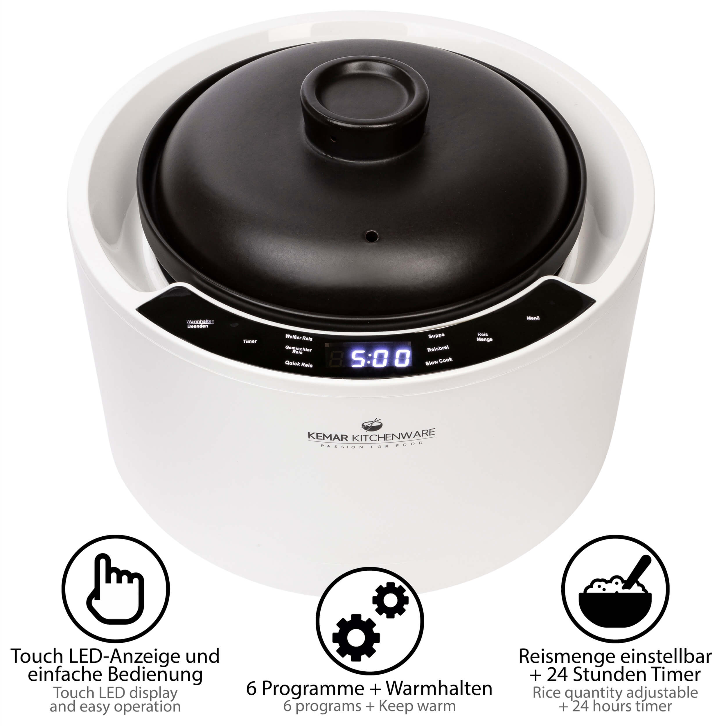 KeMar KCC-280 Reiskocher aus Keramik Multikocher mit Slow Cooker