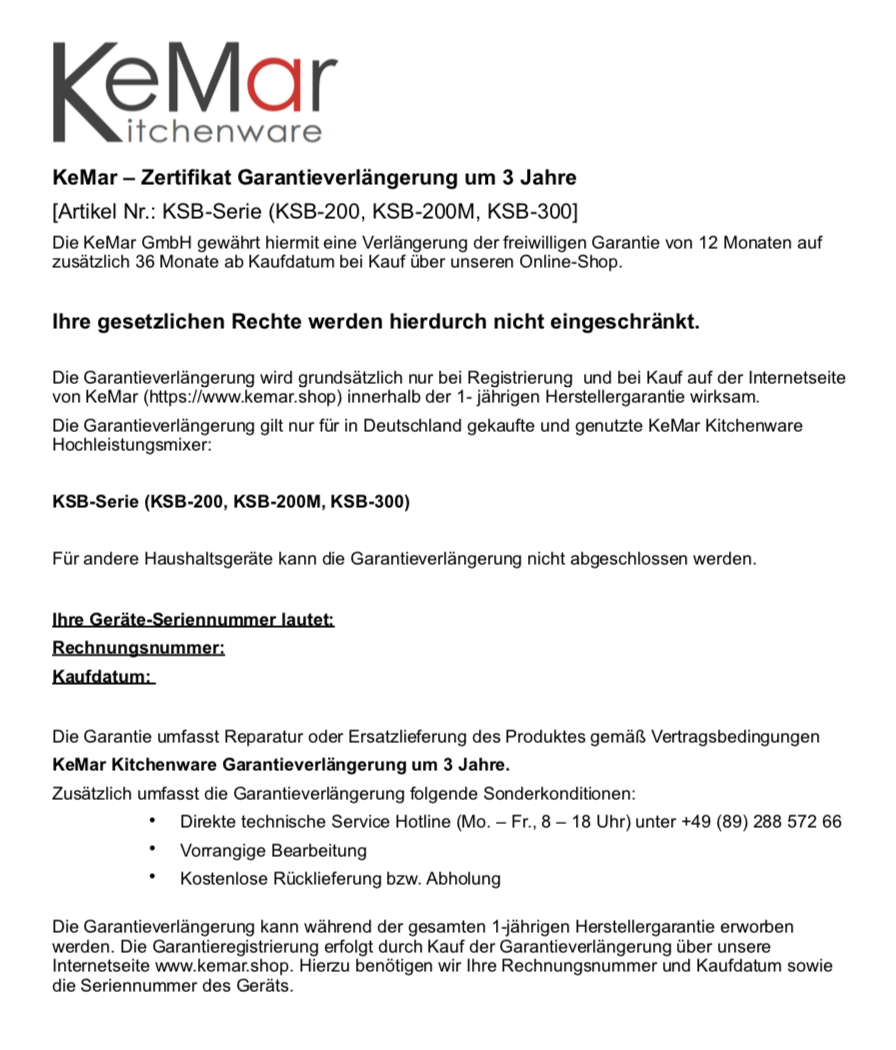 Garantieverlängerung |  Für KSB-Serie Hochleistungsmixer | 3 Jahre