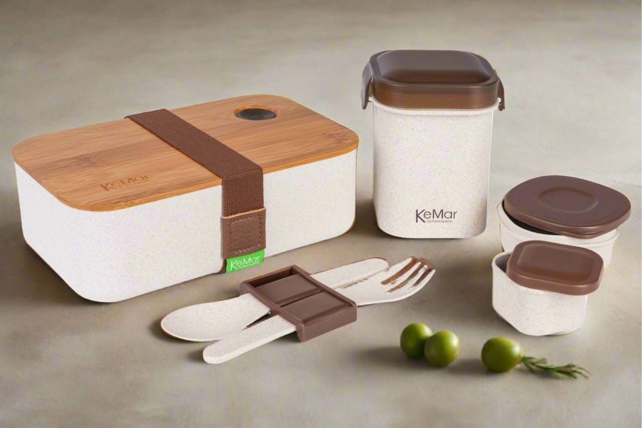 Lunchbox Set 6-1 Brotdose Bentobox mit Bambus Deckel 1,1 L